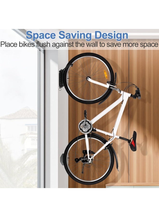 Wall Mounted Bike Rack for Indoor Storage - Heavy Duty 150° Swivel, No Drill Space Saving Design, Fits MTB/Road/E-Bikes & Hybrid, Anti-Slip Stopper (2-Pack, Black)