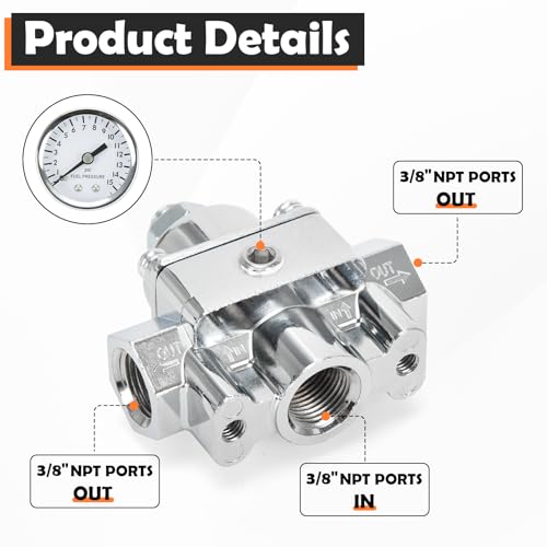 FQRANBO 12-804 Adjustable Fuel Pressure Regulator with Gauge, Compatible with Holley and Edelbrock Carburetors, 1-4 PSI, 3/8" NPT, 1-in 2-Out - Image 3