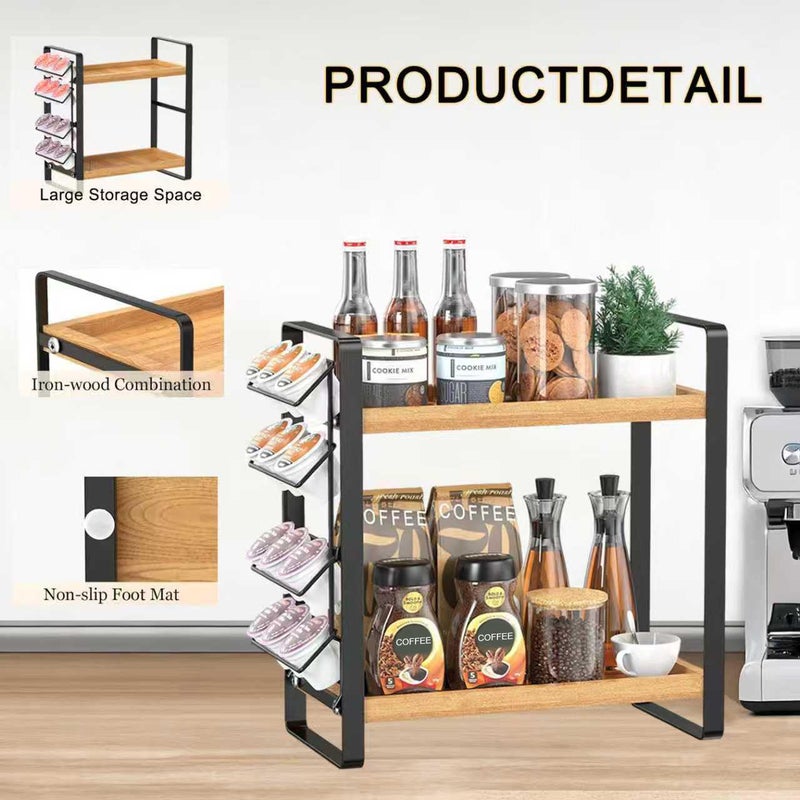 LEMIKKLE Coffee Station Organizer for Counter,Condiment Storage Caddy for Kitchen,2 Tier Wooden Shelf for Coffee Bar Accessories,Coffee Bar Organizer for Kitchen, Home, Office-Brown - Image 4