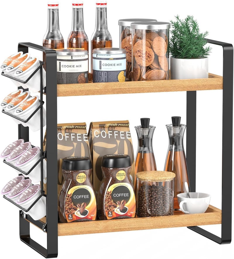 LEMIKKLE Coffee Station Organizer for Counter,Condiment Storage Caddy for Kitchen,2 Tier Wooden Shelf for Coffee Bar Accessories,Coffee Bar Organizer for Kitchen, Home, Office-Brown - Image 1