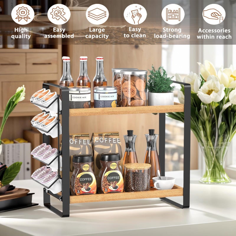 LEMIKKLE Coffee Station Organizer for Counter,Condiment Storage Caddy for Kitchen,2 Tier Wooden Shelf for Coffee Bar Accessories,Coffee Bar Organizer for Kitchen, Home, Office-Brown - Image 2