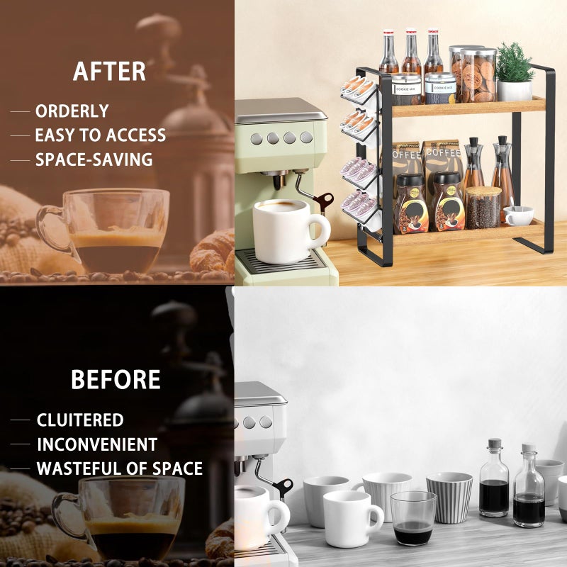 LEMIKKLE Coffee Station Organizer for Counter,Condiment Storage Caddy for Kitchen,2 Tier Wooden Shelf for Coffee Bar Accessories,Coffee Bar Organizer for Kitchen, Home, Office-Brown - Image 3