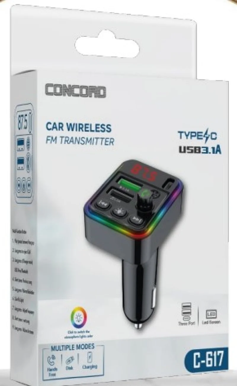 CONCORD C-617 Bluetooth Calling and Music Listening Screen RGB FM Transmitter Pd + 3.1A Dual USB Charger