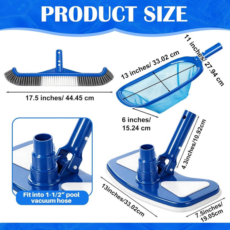 Tioncy 3 Pcs Pool Cleaning Kit Manual Pool Vacuum Head with Bottom Brushes, Large Brush and Skimmer Net Fine Mesh for Above Ground In-ground Ponds Spas Hot Tubs - Image 2