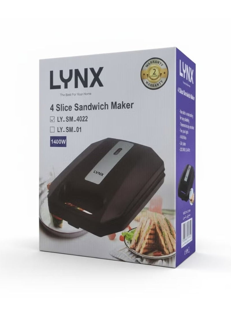 لينكس شواية وصانعة شطائر LYNX (تتسع لـ 4 شطائر) بقوة 1400 واط | ألواح غير لاصقة، تحكم في درجة الحرارة، مؤشرات ضوئية مزدوجة، صينية تجميع سوائل قابلة للإزالة، وهيكل خارجي آمن الملمس | الموديل LY_SM_4022 (لون أسود) - Image 3