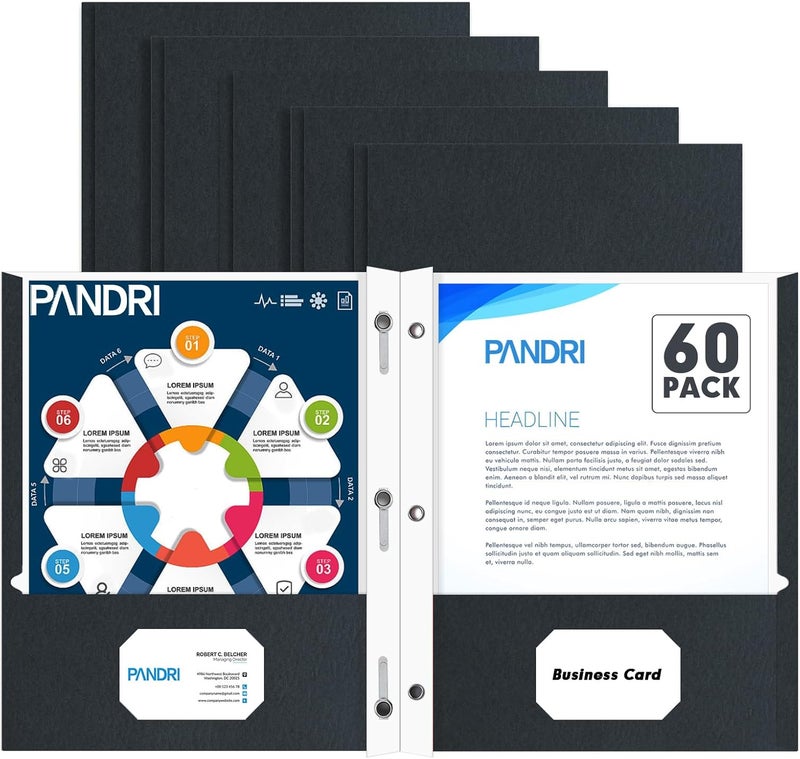 PANDRI مجلدات ذات جيبين، حزمة 60 مجلدات ذات جيبين مع أسنان، مصممة للمكتب والفصل الدراسي، أسود، مجلدات ذات جيبين و3 أسنان - Image 1