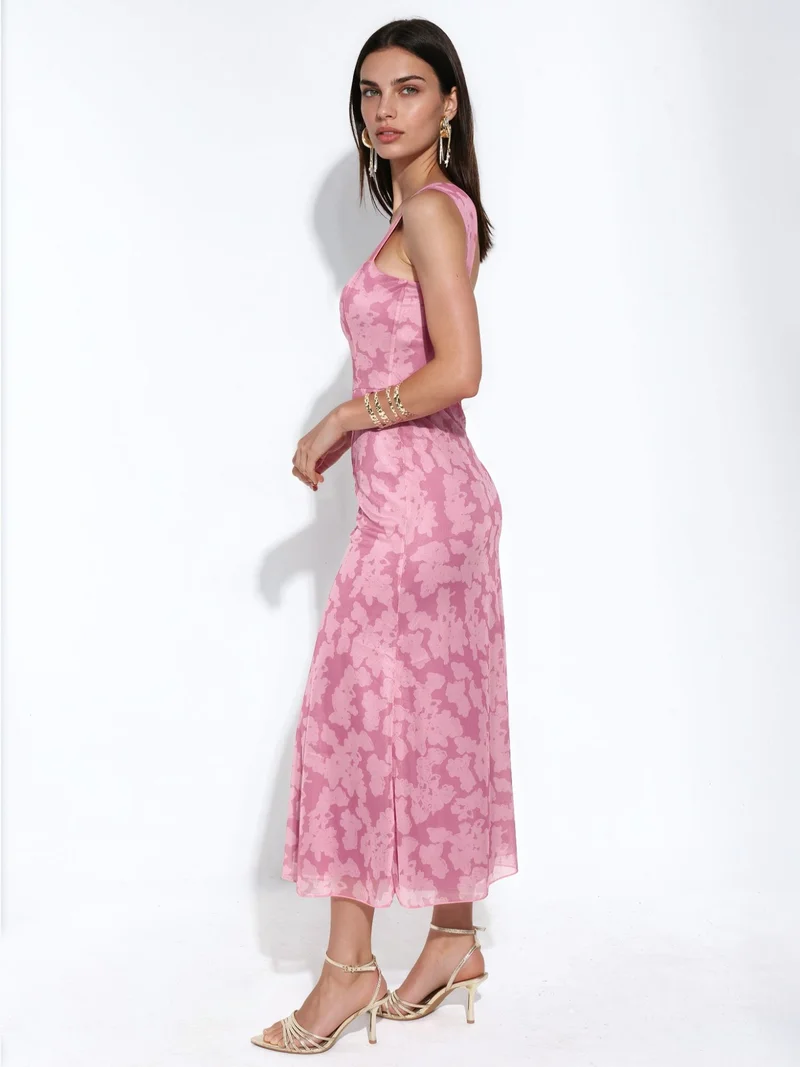 Hiccup Blush Pink Patterned Maxi Dress with Heart Collar for Women | Best Price UAE