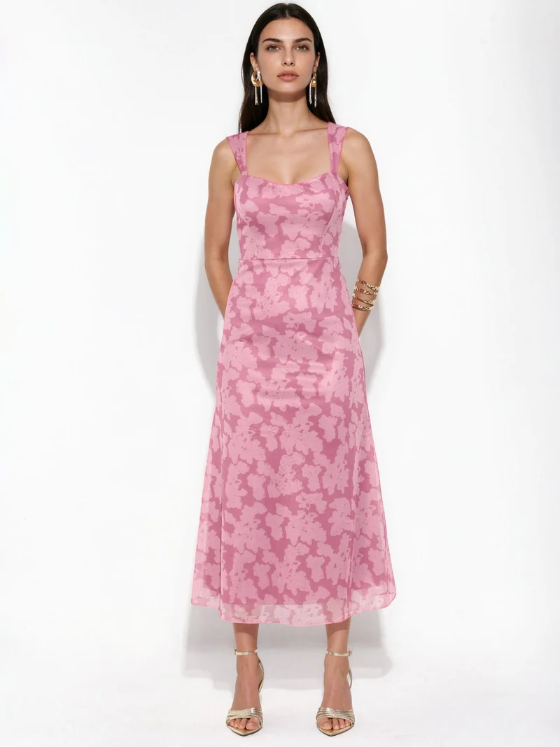Hiccup Blush Pink Patterned Maxi Dress with Heart Collar for Women | Best Price UAE