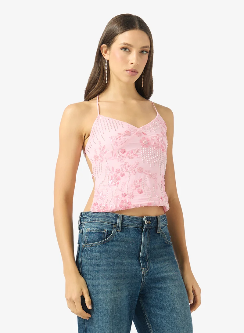 Ginger Strappy Sequin Embellished Top with Scarf