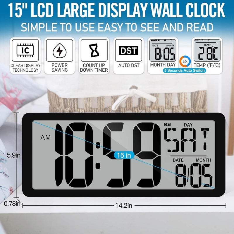 TXL 14.2"" Large Digital Wall Clock Battery Operated, Digital Clock Large display with Day, Date & Temperature, Large wall clock for Bedroom, Livingroom, Office，Battery Included, Black - Image 2