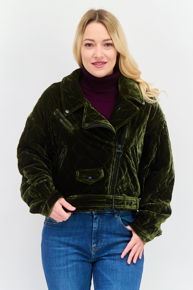 Avec Les Filles Women Regular Fit Plain Jacket Shirt, Dark Green - Image 1