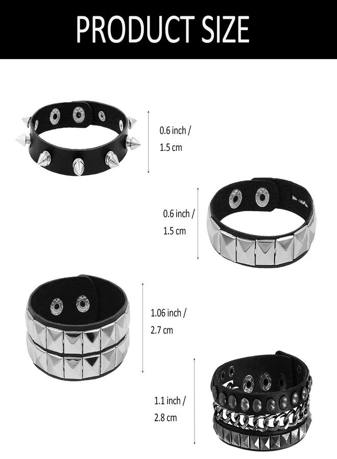 Naturahand 4 Pcs Leather Punk Bracelet Goth Accessory for Women Men 80s Costumes Accessories Studded Gothic Rock Bracelet Cuff - Image 3
