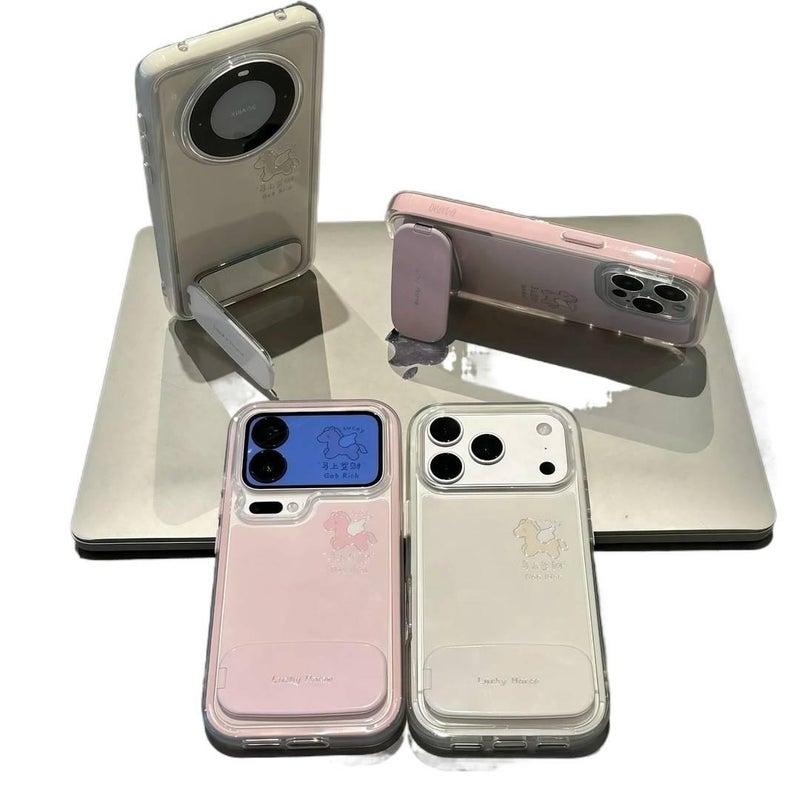 غطاء واقي بسيليكون لـ iPhone 14 / 14 Plus / 14 Pro / 14 Pro Max مع حامل قابل للطي وحماية من السقوط مع مقاوم للصدمات مع مرآة مع نقش حظ المال باللون وردي بوظيفة حامل من السيليكون - Image 3