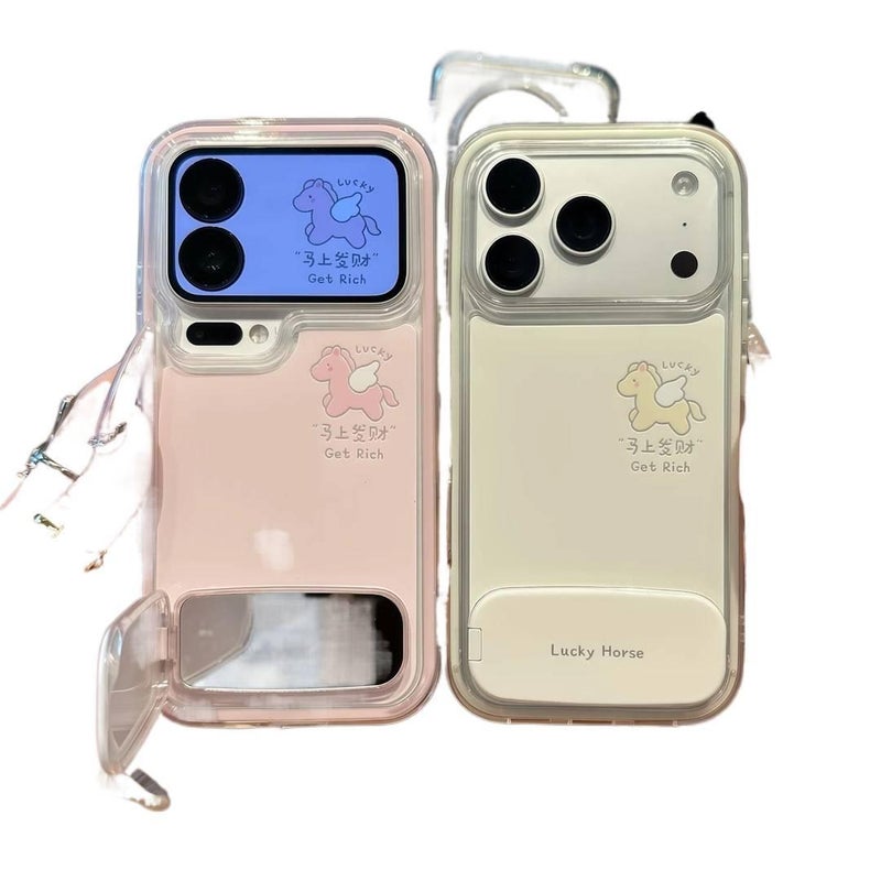 غطاء واقي بسيليكون لـ iPhone 14 / 14 Plus / 14 Pro / 14 Pro Max مع حامل قابل للطي وحماية من السقوط مع مقاوم للصدمات مع مرآة مع نقش حظ المال باللون وردي بوظيفة حامل من السيليكون - Image 4