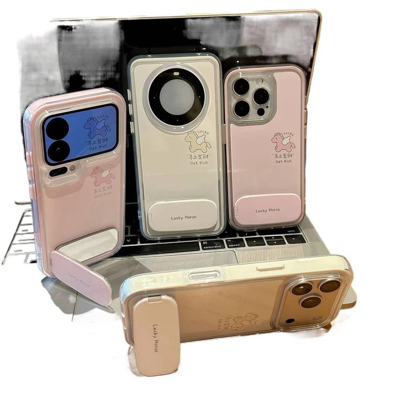 غطاء واقي بسيليكون لـ iPhone 14 / 14 Plus / 14 Pro / 14 Pro Max مع حامل قابل للطي وحماية من السقوط مع مقاوم للصدمات مع مرآة مع نقش حظ المال باللون وردي بوظيفة حامل من السيليكون - Image 5
