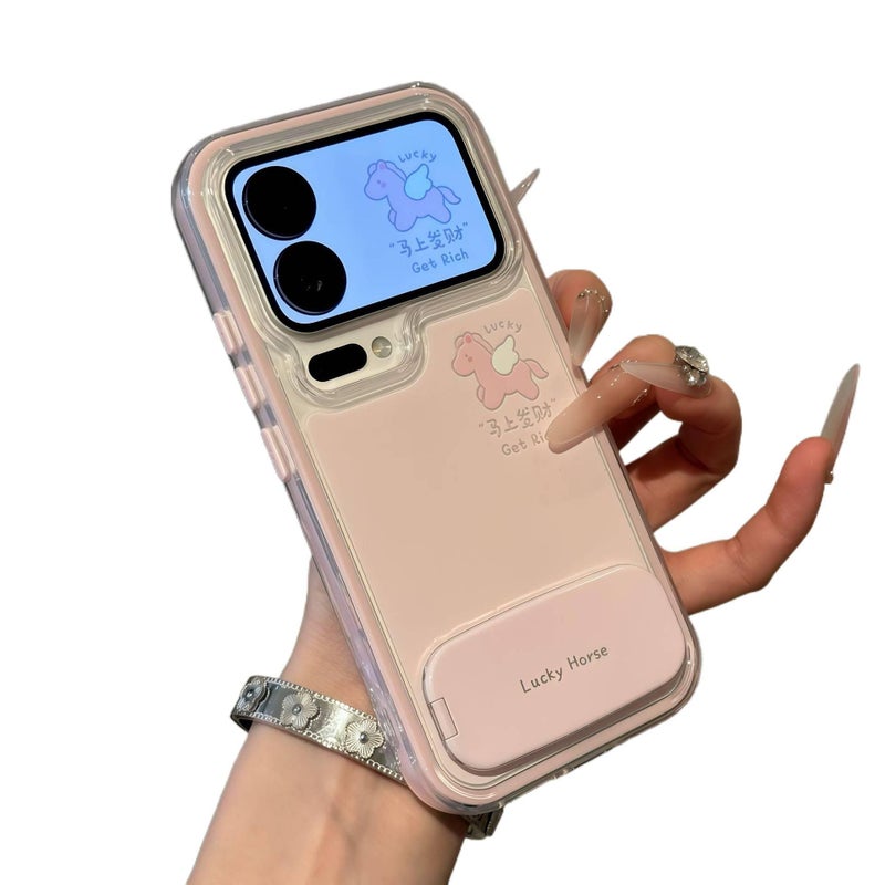 غطاء واقي بسيليكون لـ iPhone 14 / 14 Plus / 14 Pro / 14 Pro Max مع حامل قابل للطي وحماية من السقوط مع مقاوم للصدمات مع مرآة مع نقش حظ المال باللون وردي بوظيفة حامل من السيليكون - Image 1