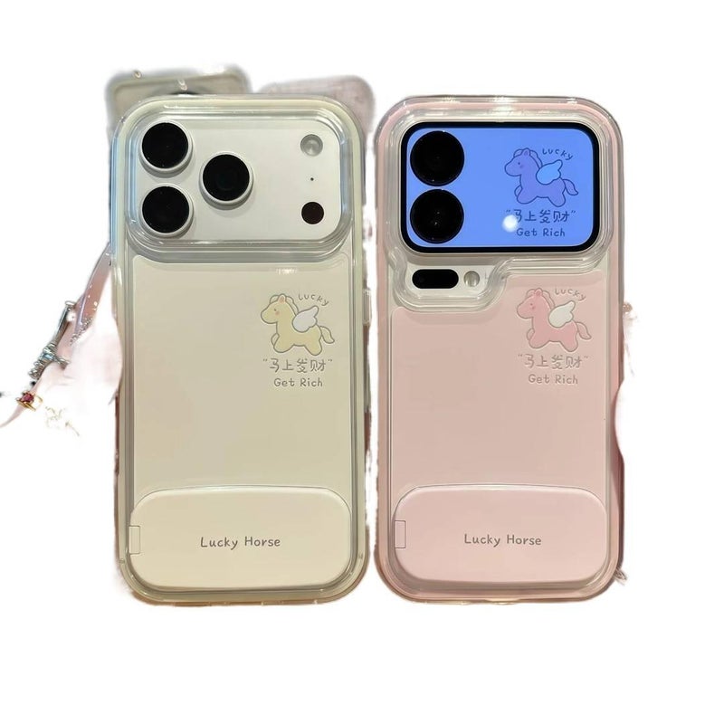 غطاء واقي بسيليكون لـ iPhone 14 / 14 Plus / 14 Pro / 14 Pro Max مع حامل قابل للطي وحماية من السقوط مع مقاوم للصدمات مع مرآة مع نقش حظ المال باللون وردي بوظيفة حامل من السيليكون - Image 2
