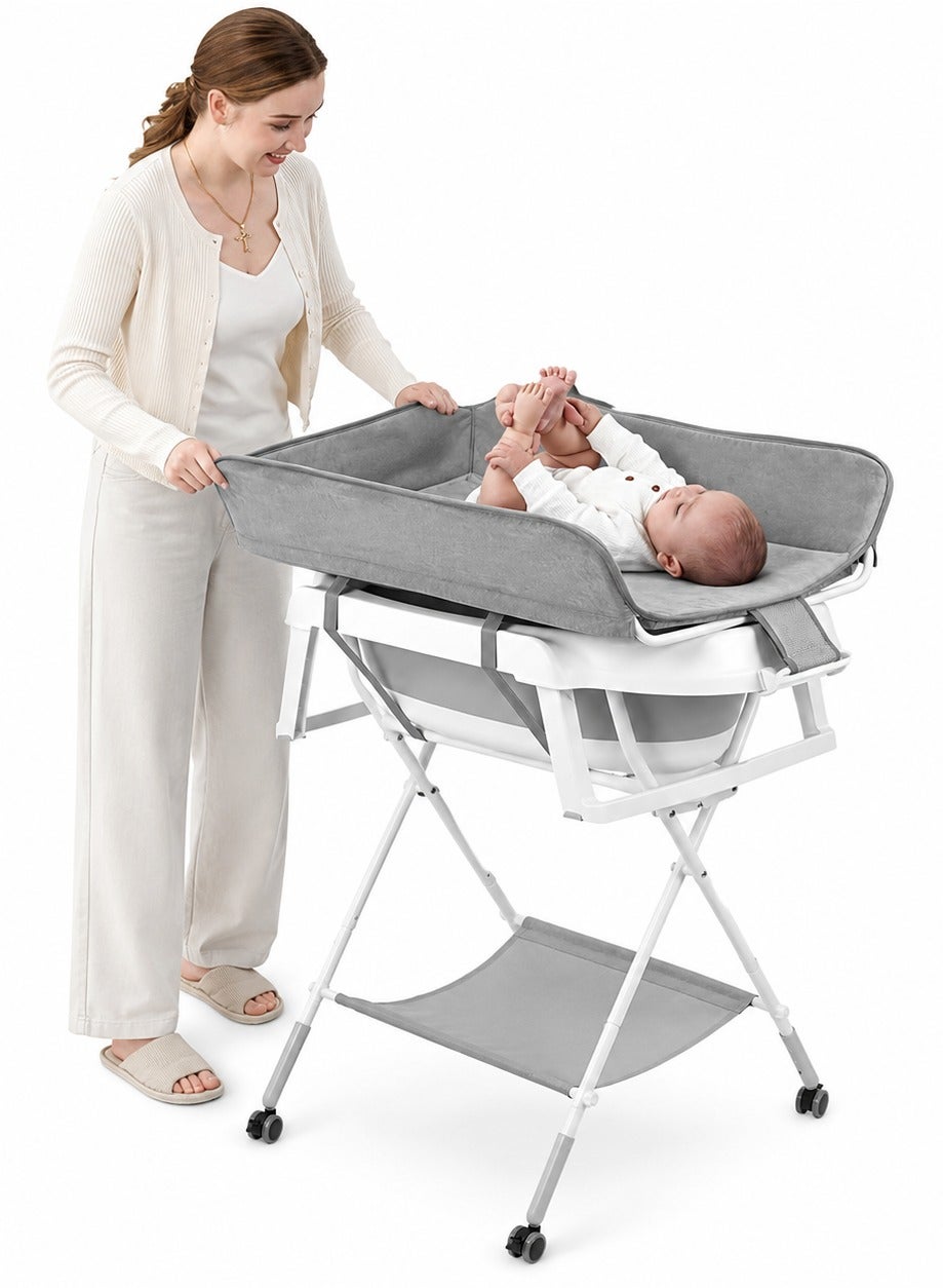 WALALLA Baby Changing Table with Bath Tub 2-in-1 - Foldable Infant Diaper Changing Station with Height Adjustable Stand, Safety Belt, Storage Shelf and Wheels, Portable Baby Bath Station for Newborns