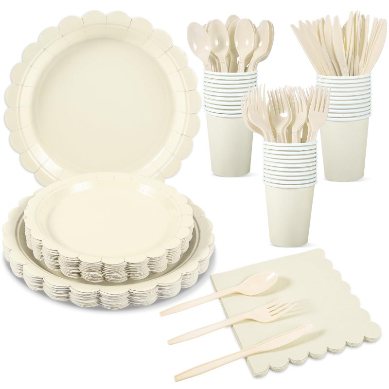 Xiangqu 175 Pcs Ivory Paper Plates and Napkins, Beige Party Supplies Include Scalloped Cream Plates Napkin Cup Plastic Cutlery for Wedding, Bridal&Baby Shower, Birthday - Image 1