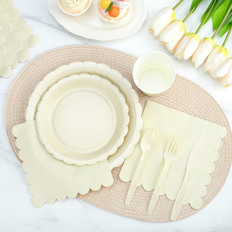 Xiangqu 175 Pcs Ivory Paper Plates and Napkins, Beige Party Supplies Include Scalloped Cream Plates Napkin Cup Plastic Cutlery for Wedding, Bridal&Baby Shower, Birthday - Image 4