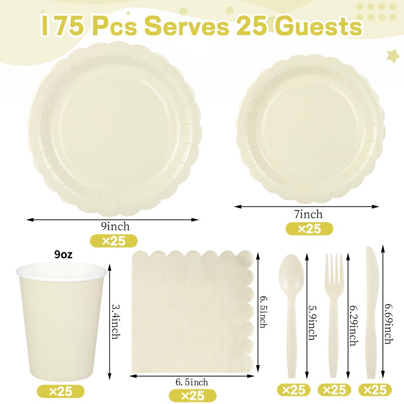Xiangqu 175 Pcs Ivory Paper Plates and Napkins, Beige Party Supplies Include Scalloped Cream Plates Napkin Cup Plastic Cutlery for Wedding, Bridal&Baby Shower, Birthday - Image 2