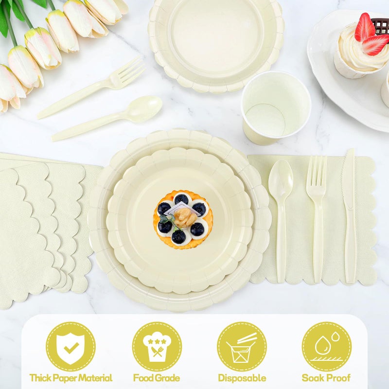 Xiangqu 175 Pcs Ivory Paper Plates and Napkins, Beige Party Supplies Include Scalloped Cream Plates Napkin Cup Plastic Cutlery for Wedding, Bridal&Baby Shower, Birthday - Image 3
