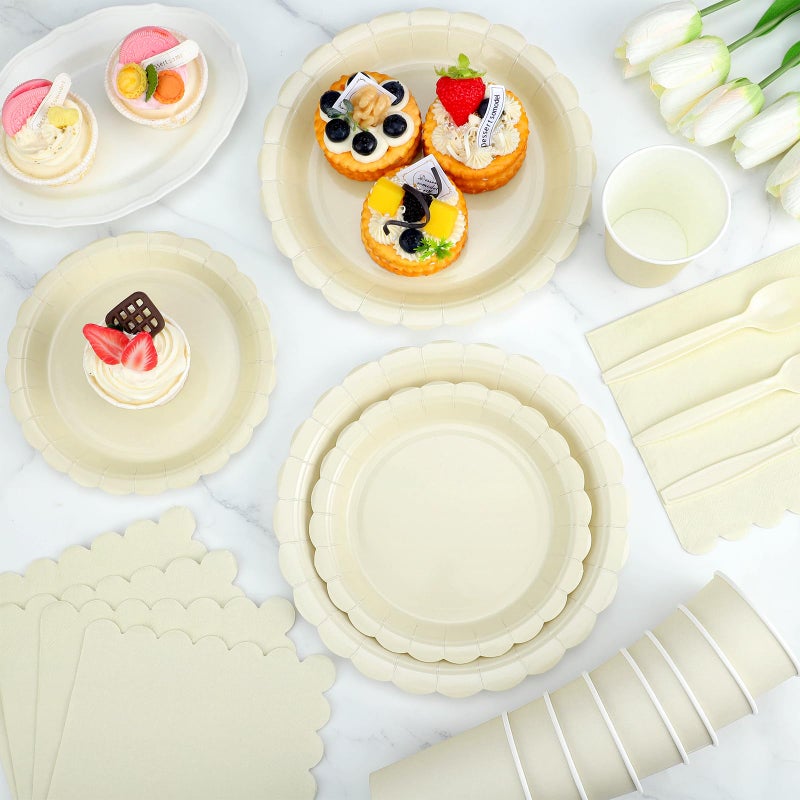 Xiangqu 175 Pcs Ivory Paper Plates and Napkins, Beige Party Supplies Include Scalloped Cream Plates Napkin Cup Plastic Cutlery for Wedding, Bridal&Baby Shower, Birthday - Image 5