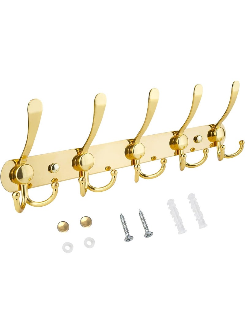 Meetion حامل معاطف مثبت على الحائط، خمسة خطافات ثلاثية ثقيلة مصنوعة بالكامل من المعدن للسترات والمعاطف والقبعات في غرفة المدخل (ذهبي، عبوة واحدة) - Image 1