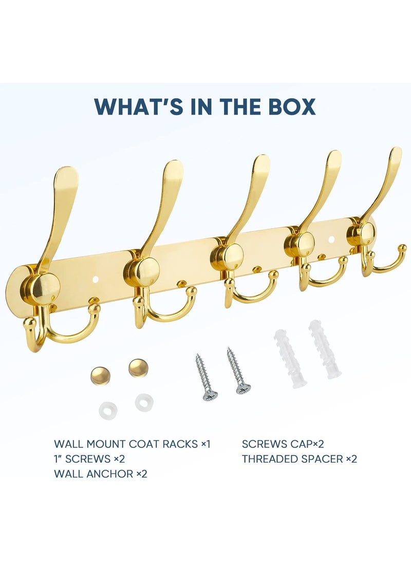 Meetion حامل معاطف مثبت على الحائط، خمسة خطافات ثلاثية ثقيلة مصنوعة بالكامل من المعدن للسترات والمعاطف والقبعات في غرفة المدخل (ذهبي، عبوة واحدة) - Image 4