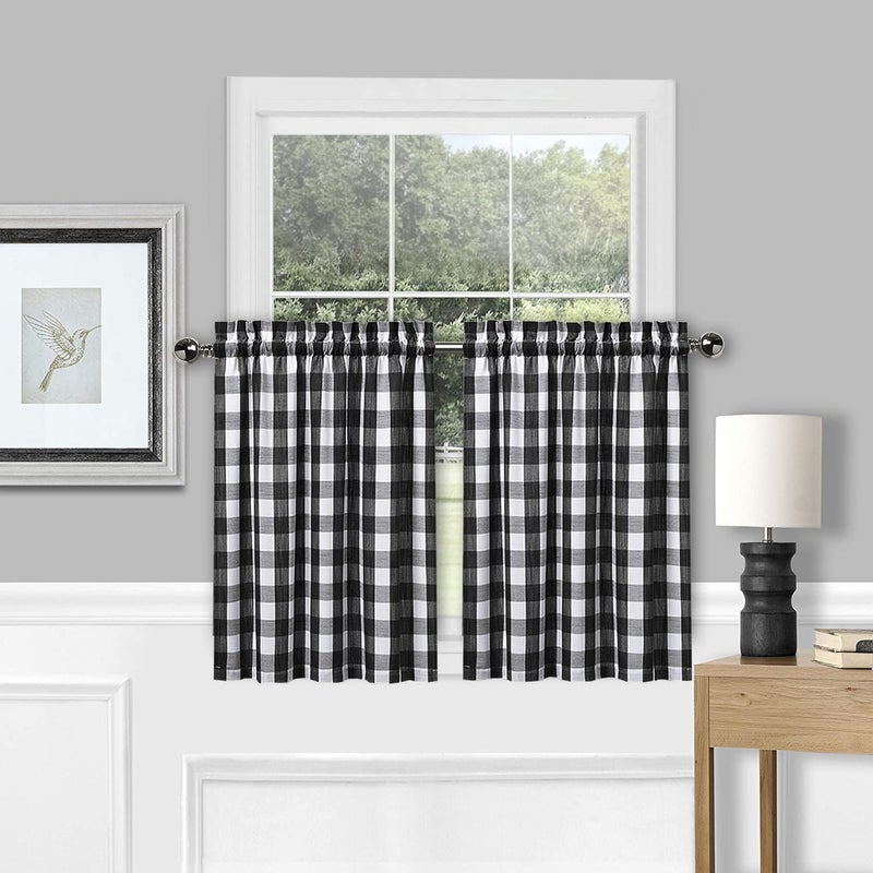 Amzdecor Buffalo Check Tier Curtains for Kitchen, Thick Yarn Dyed Buffalo Plaid Gingham Rod Pocket Farmhouse Cafe Bathroom Drapes, Short Kitchen Window Curtains, 28" W x 30" L, Black/White, Set of 2 - Image 1
