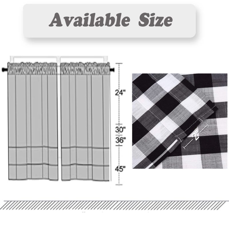 Amzdecor Buffalo Check Tier Curtains for Kitchen, Thick Yarn Dyed Buffalo Plaid Gingham Rod Pocket Farmhouse Cafe Bathroom Drapes, Short Kitchen Window Curtains, 28" W x 30" L, Black/White, Set of 2 - Image 5