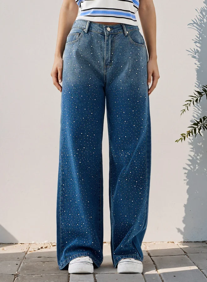 2Xtremz 2Xtremz Rhinestones Embellished Straight Fit Jeans with Pockets