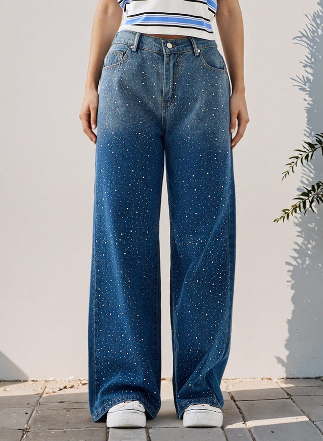 تواكستريمز جينز مستقيم مزين بالكريستالات مع جيوب - Image 1
