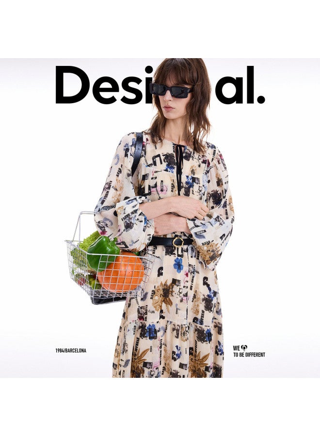 DESIGUAL 25 Fall/winter New Collection Collage Newspaper Print Pleated Tie-waist Dress - Image 3