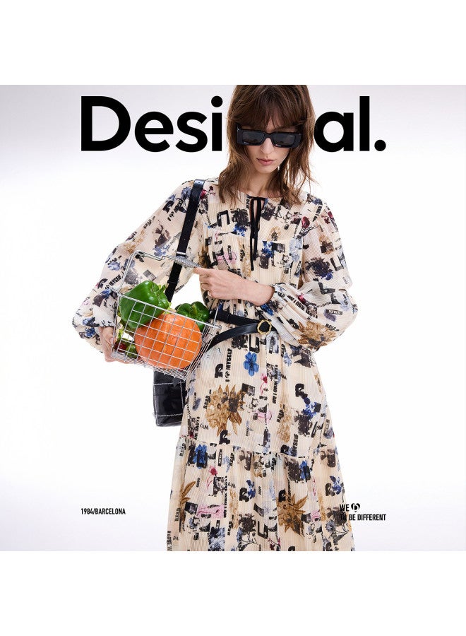 DESIGUAL 25 Fall/winter New Collection Collage Newspaper Print Pleated Tie-waist Dress - Image 4