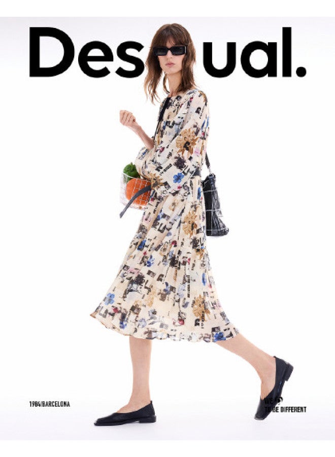 DESIGUAL 25 Fall/winter New Collection Collage Newspaper Print Pleated Tie-waist Dress - Image 1
