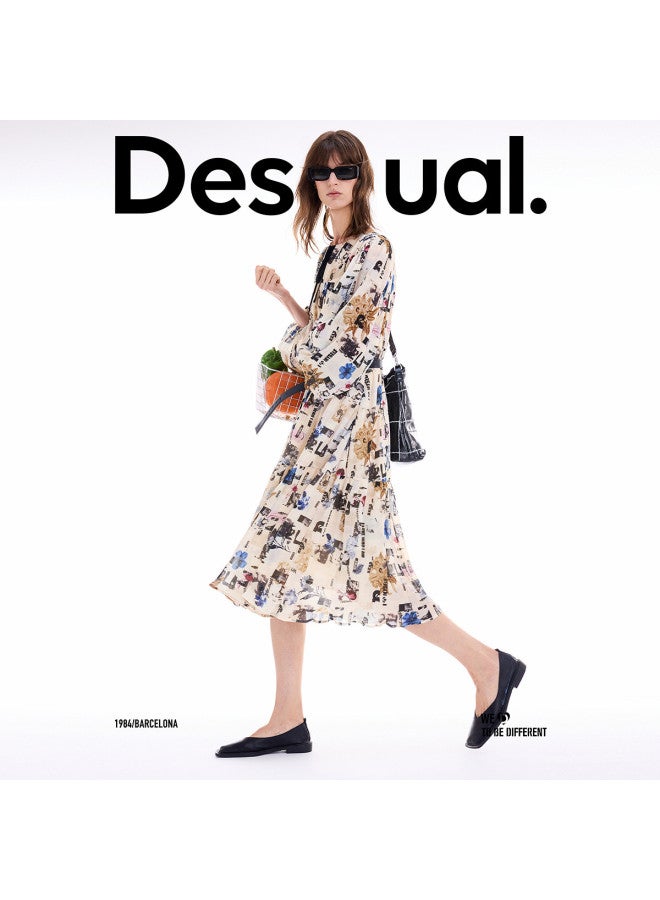 DESIGUAL 25 Fall/winter New Collection Collage Newspaper Print Pleated Tie-waist Dress - Image 2
