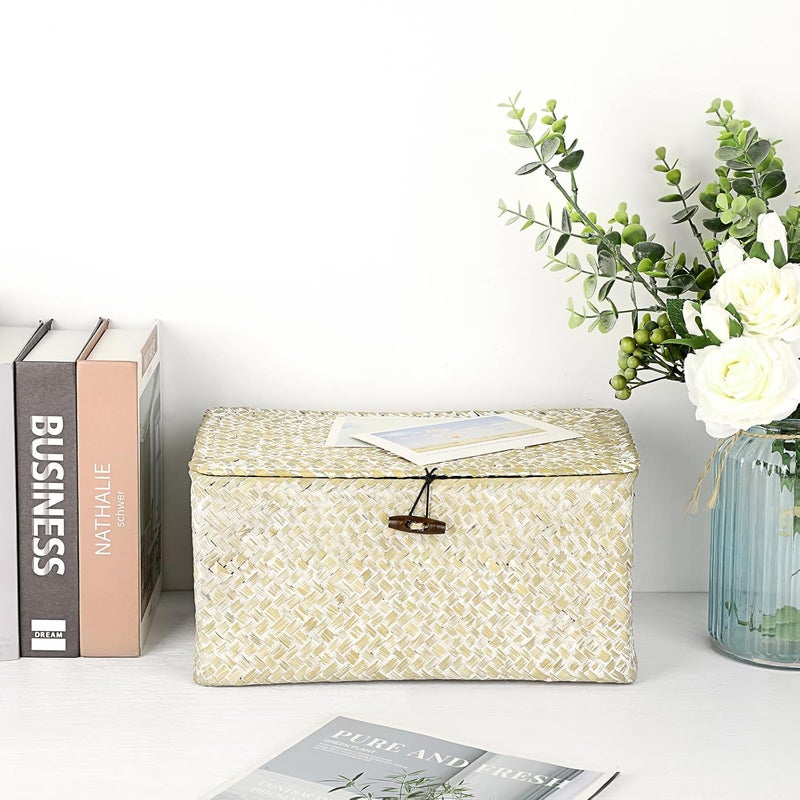 Hipiwe Seagrass Storage Basket Bins with Lid, Handwoven Wicker Shelf Baskets Bin Rectangular Household Basket Organizer Boxes for Shelf Closet Bedroom Home Decor, Whitewash Medium - Image 5