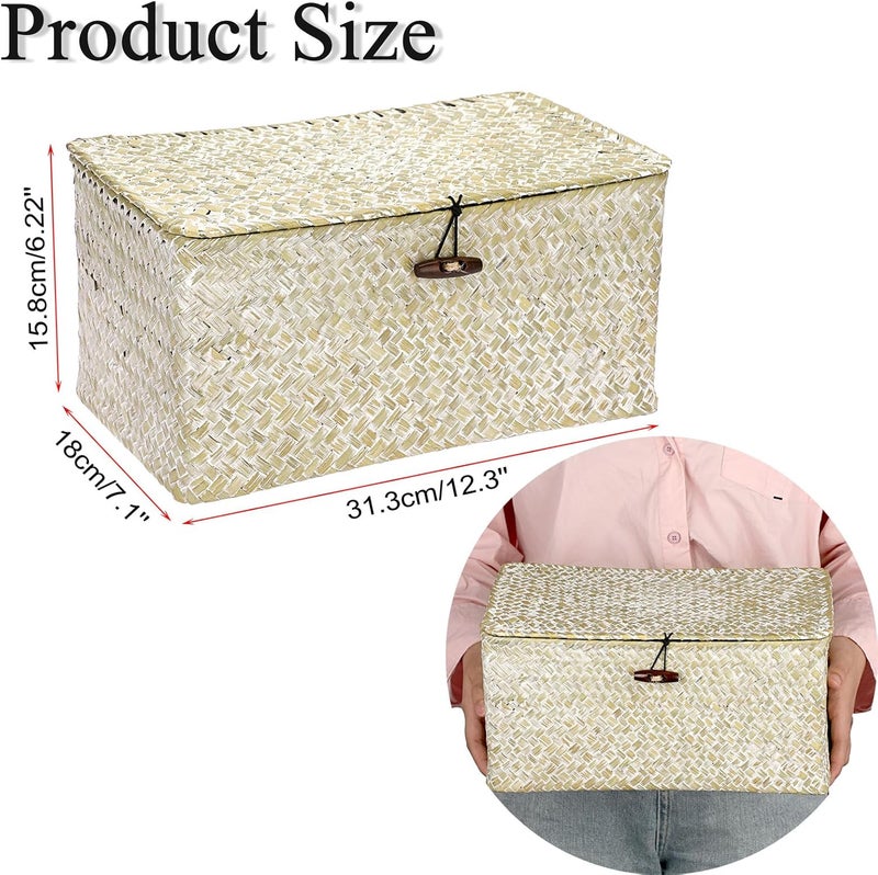 Hipiwe Seagrass Storage Basket Bins with Lid, Handwoven Wicker Shelf Baskets Bin Rectangular Household Basket Organizer Boxes for Shelf Closet Bedroom Home Decor, Whitewash Medium - Image 3