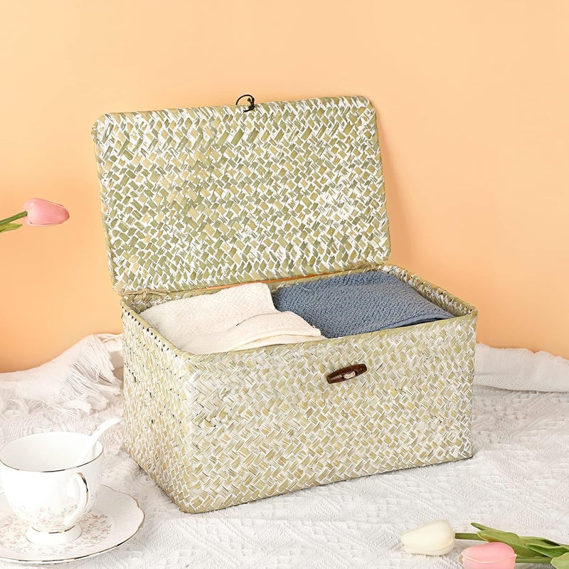 Hipiwe Seagrass Storage Basket Bins with Lid, Handwoven Wicker Shelf Baskets Bin Rectangular Household Basket Organizer Boxes for Shelf Closet Bedroom Home Decor, Whitewash Medium - Image 4