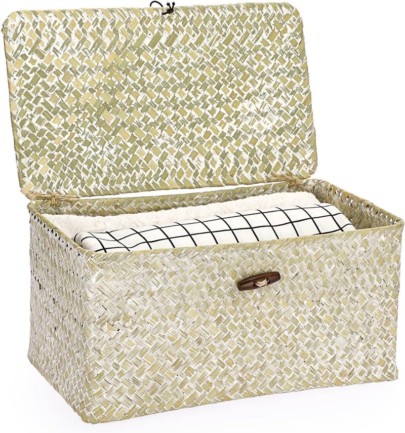 Hipiwe Seagrass Storage Basket Bins with Lid, Handwoven Wicker Shelf Baskets Bin Rectangular Household Basket Organizer Boxes for Shelf Closet Bedroom Home Decor, Whitewash Medium - Image 1