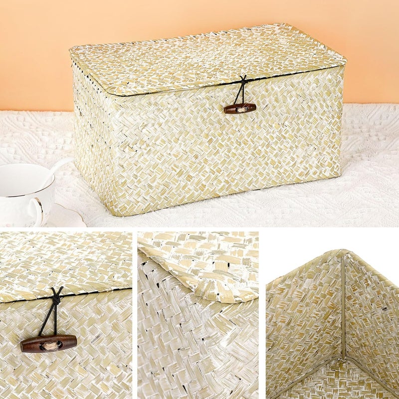 Hipiwe Seagrass Storage Basket Bins with Lid, Handwoven Wicker Shelf Baskets Bin Rectangular Household Basket Organizer Boxes for Shelf Closet Bedroom Home Decor, Whitewash Medium - Image 2