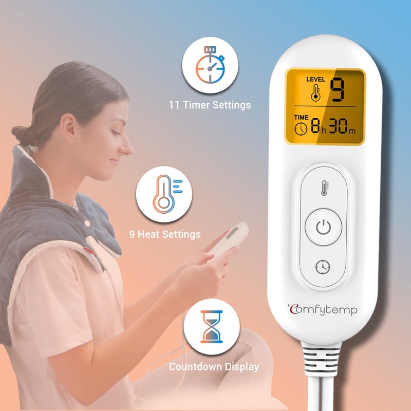 Comfytemp Heating Pad for Neck and Shoulders and Back, 2.6lb Weighted Electric Heating Pads, Large Heated Wrap, 9 Heat Settings & 11 Timer, Valentines Birthday Gifts for Women Men Mom Dad, Dark Blue - Image 4