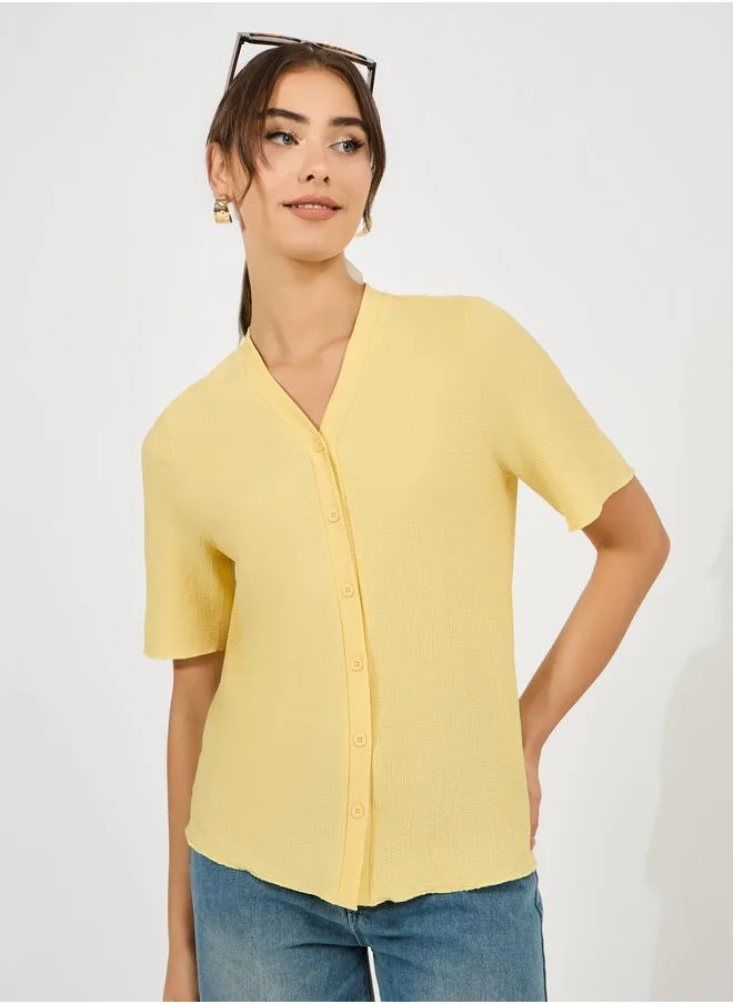 Styli Textured Short Sleeves Blouse with V Neck