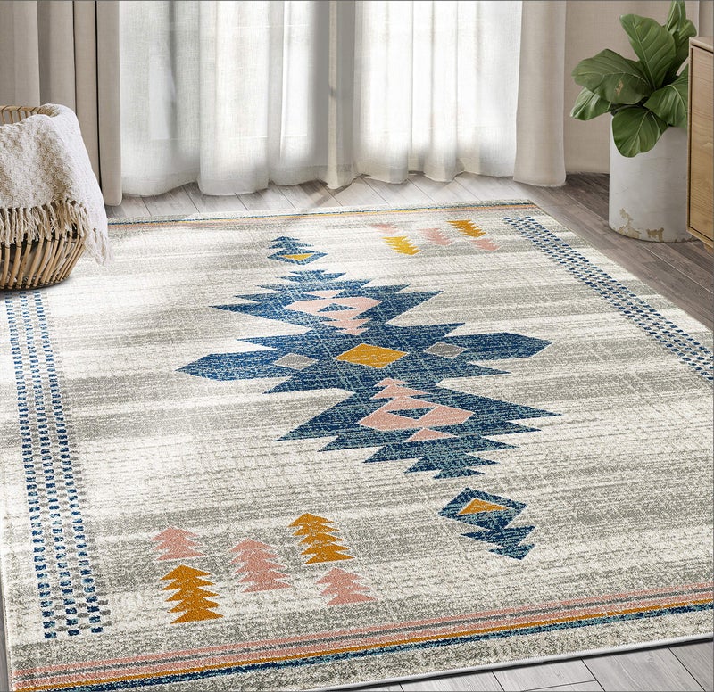 Abani Porto Collection 53 x76 Southwestern Area Rug Rectangular Turkish Beige  Blue Tribal Print Accent Rug Rugs