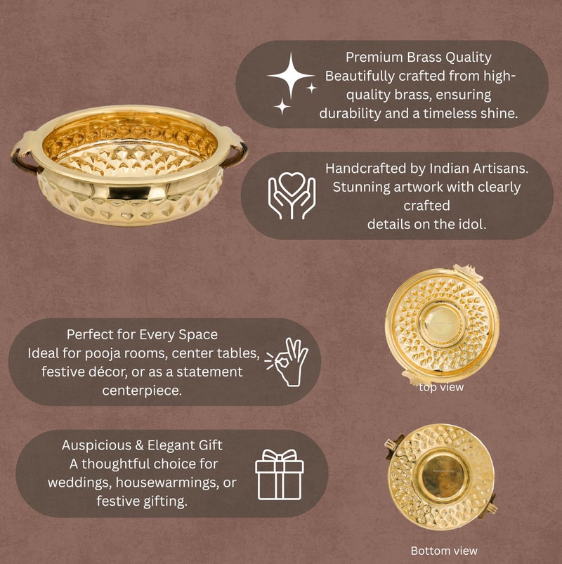 Bhimonee Decor Diamond Carving Urali Bowl 8" | 470 gm Decorative Brass Bowl & Platter | Home Decor, Pooja & Gifting | Brass | Gold - Image 3