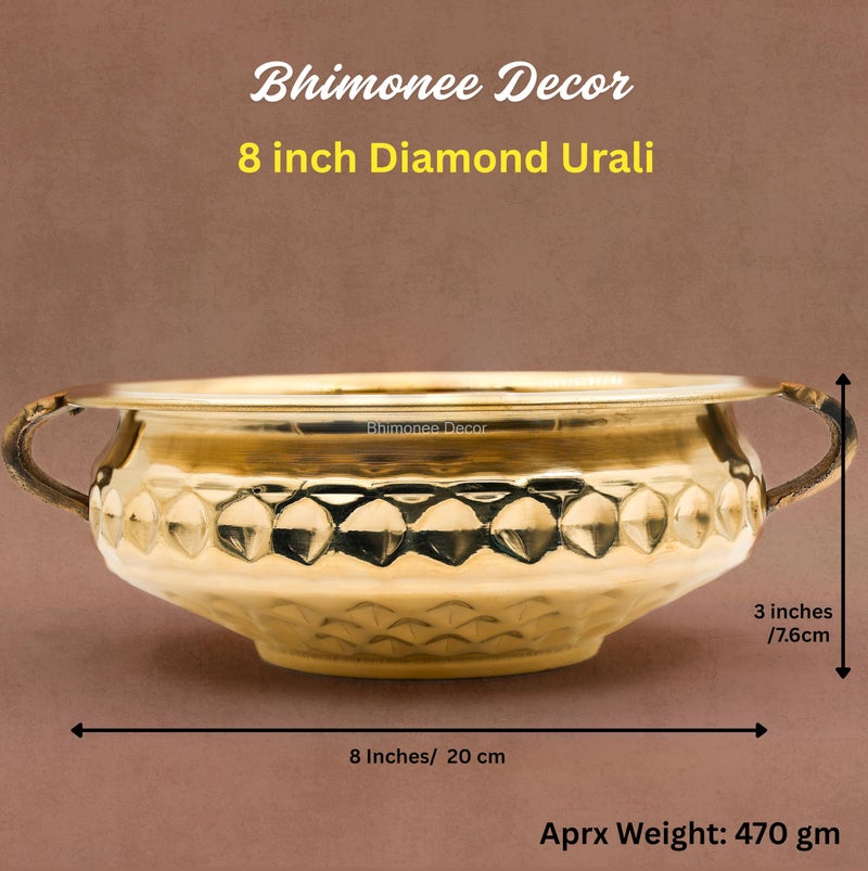 Bhimonee Decor Diamond Carving Urali Bowl 8" | 470 gm Decorative Brass Bowl & Platter | Home Decor, Pooja & Gifting | Brass | Gold - Image 4