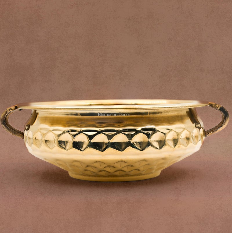 Bhimonee Decor Diamond Carving Urali Bowl 8" | 470 gm Decorative Brass Bowl & Platter | Home Decor, Pooja & Gifting | Brass | Gold - Image 5