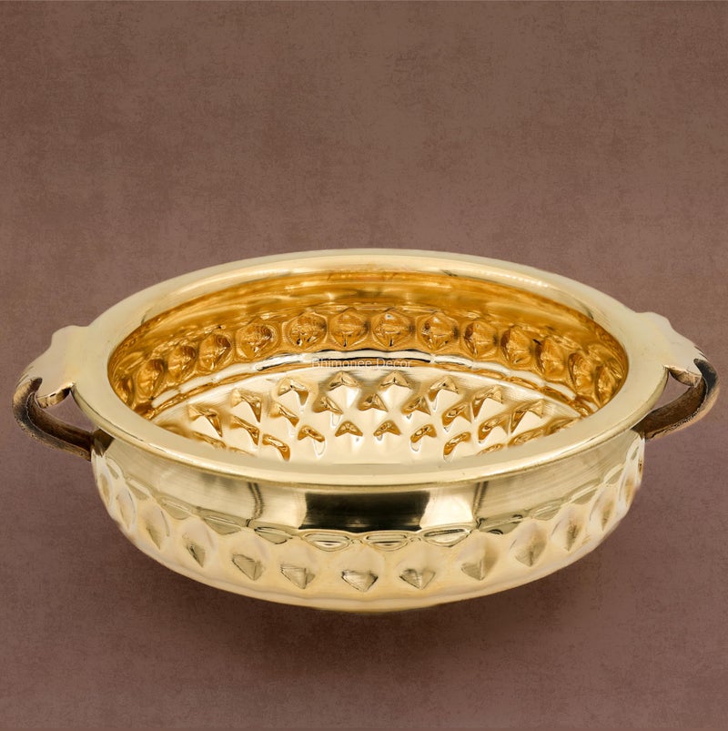Bhimonee Decor Diamond Carving Urali Bowl 8" | 470 gm Decorative Brass Bowl & Platter | Home Decor, Pooja & Gifting | Brass | Gold - Image 1