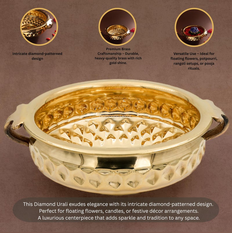 Bhimonee Decor Diamond Carving Urali Bowl 8" | 470 gm Decorative Brass Bowl & Platter | Home Decor, Pooja & Gifting | Brass | Gold - Image 2